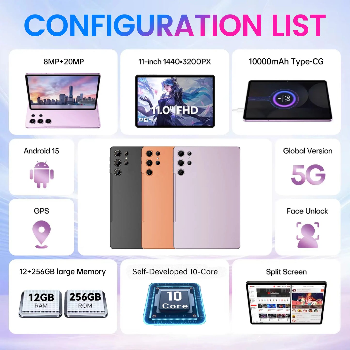 W&O 2026 Android 15 Tablet, 11-inch screen, 12GB RAM + 256GB expandable storage