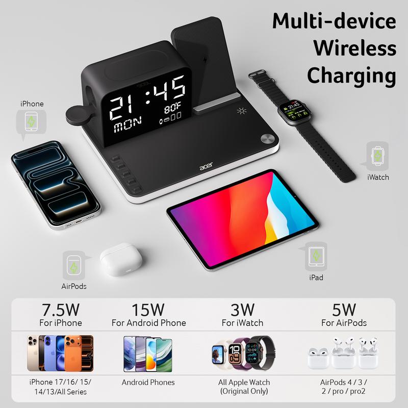Acer 7-in-1 Wireless Charging Station, compatible with iPhone, Android phones, Apple Watch, and AirPods.