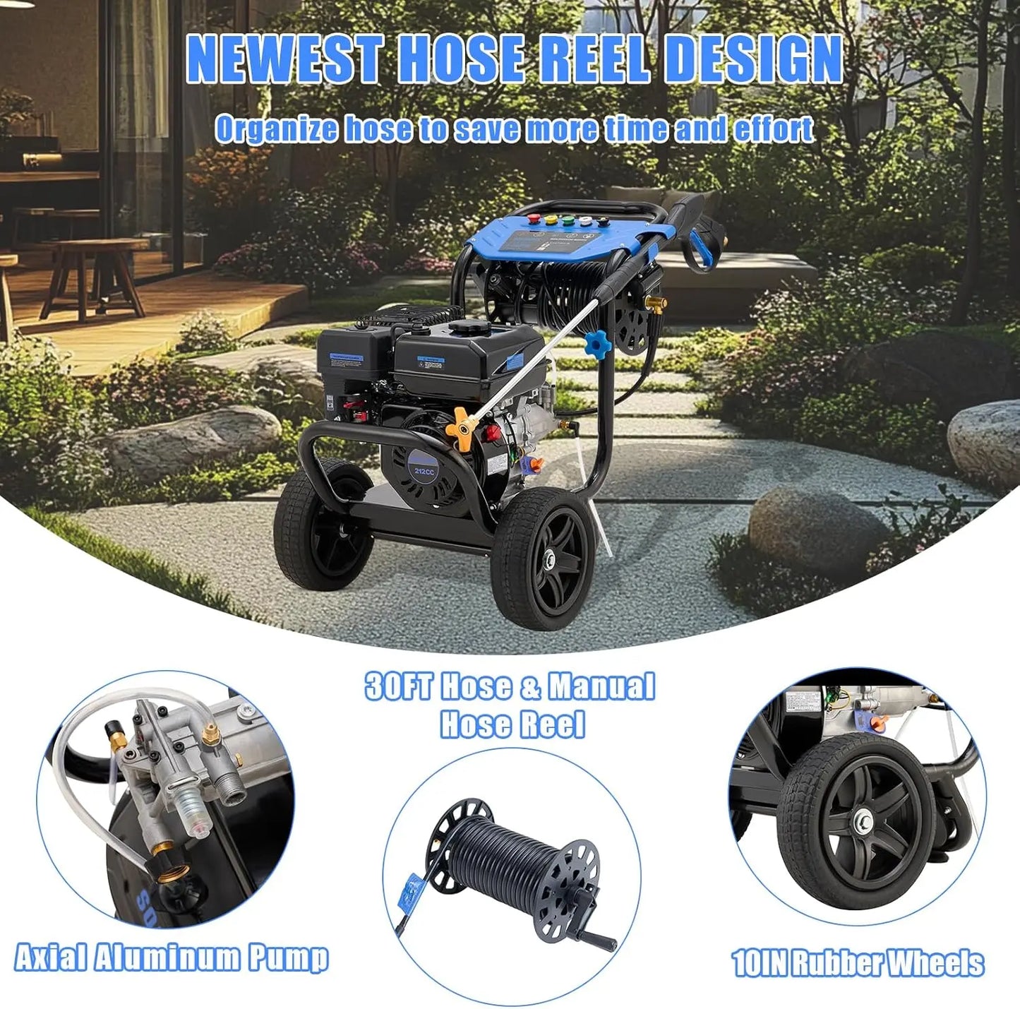 Efurden 3600 PSI gasoline-powered high-pressure washer, suitable for garden cleaning.